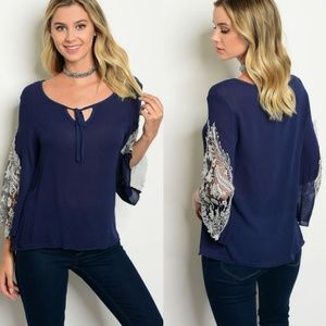 Lace bell sleeve navy top